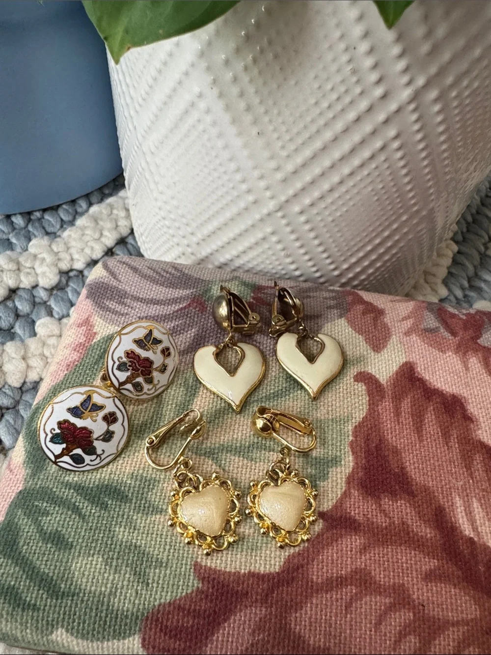 Vintage Cottagecore Heart & Floral Clip On Earrings Bundle Coquette Gold Tone